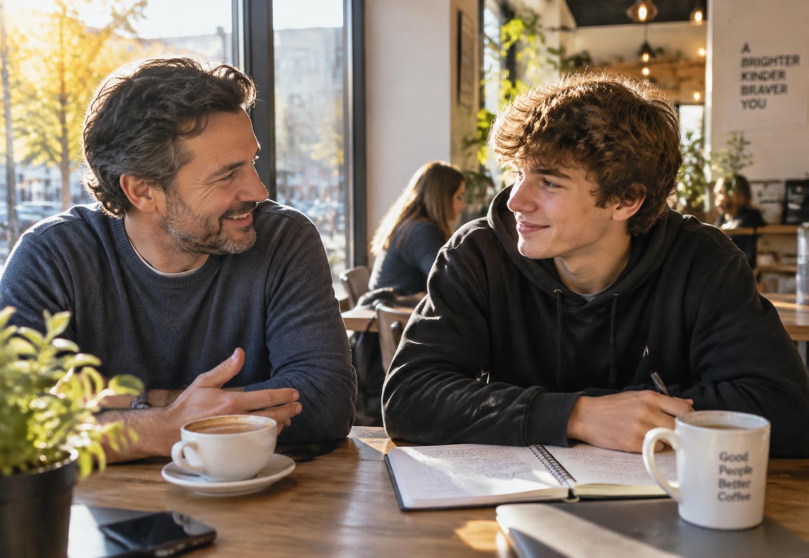 A mentor and a teenager talking over coffee in a bright café